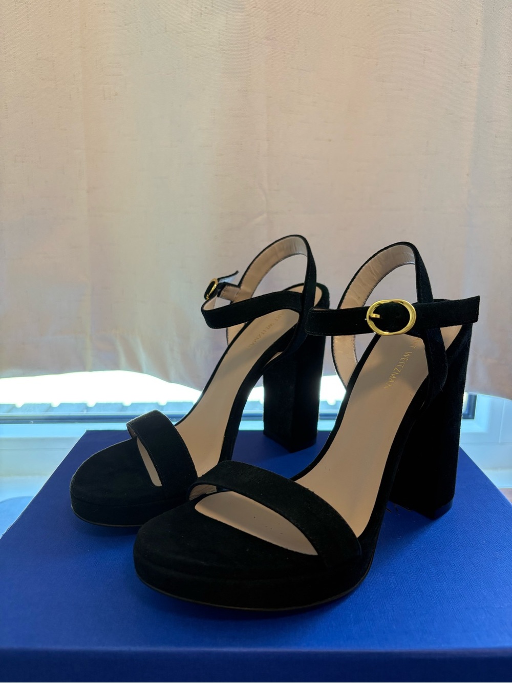 Black Suede Platform Block Heel Sandals with Gold Buckle